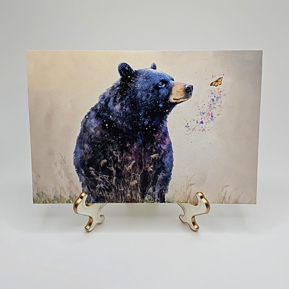 4x6 Horizontal Black Bear with Butterfly Watercolor‎ Oil Painting Print